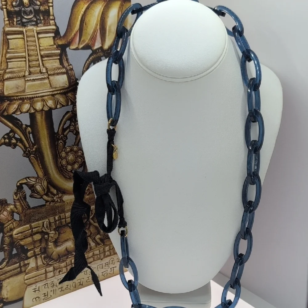 J. Crew Navy Blue Statement Necklace With Ribbon Closure
